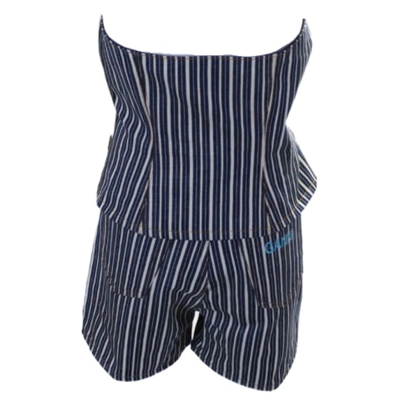 ❌SOLD❌NWOT Ganni Mixed Stripe Dark Indigo Denim Buster Top & Shorts Set💙🤍💙 - Picture 5 of 16